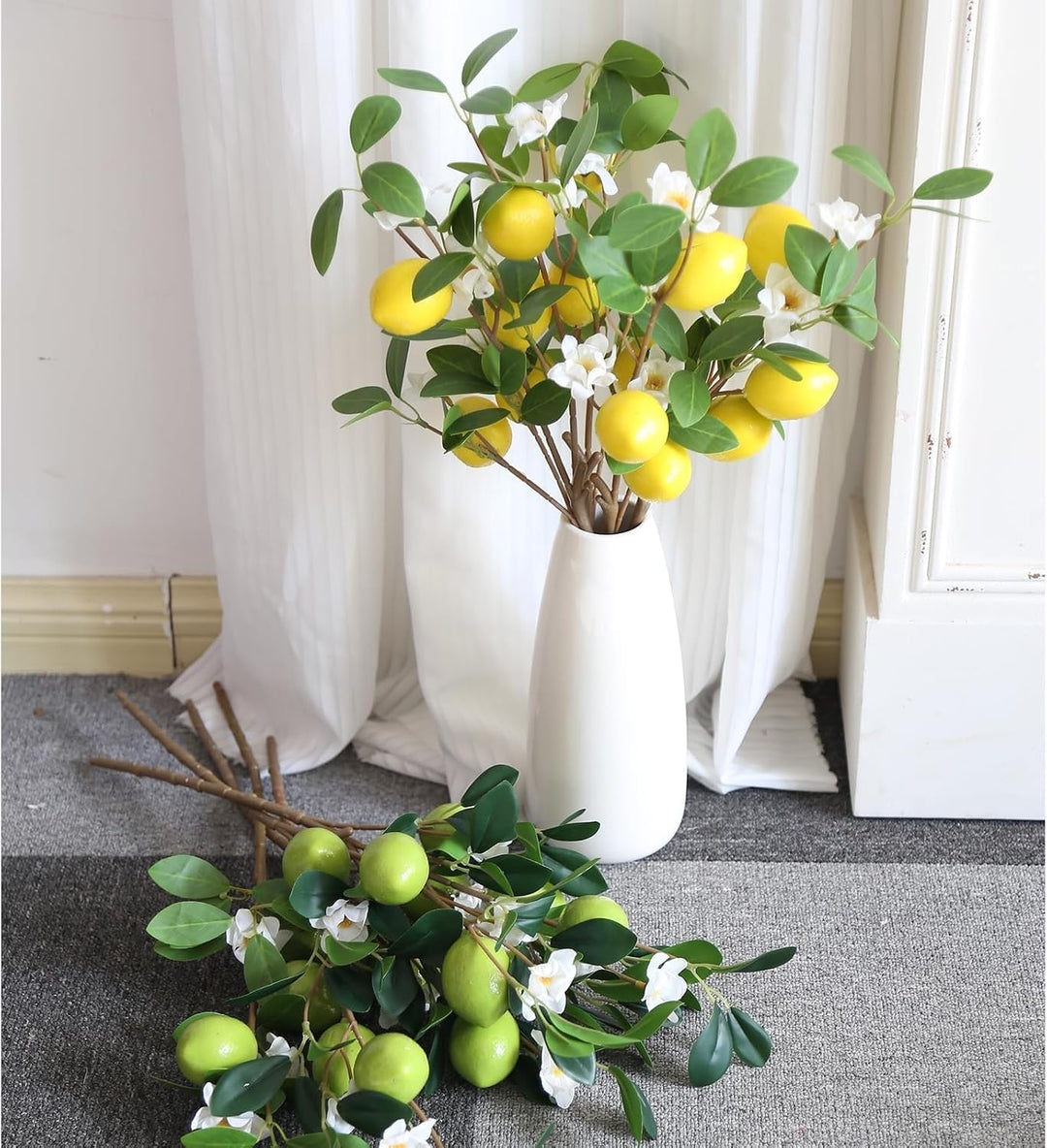 5 PCS Künstliche Zitronenzweig wie echt 58 cm Gelbe Künstliche Zitronen Deko Stiele mit Grünen Blätt