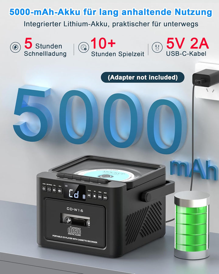 Greadio CD Player Tragbar, Boombox Kassettenspieler mit UKW Radio, Bluetooth 5.1, 5000mAh wiederaufl