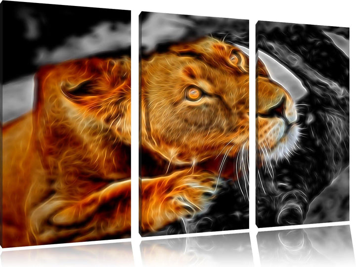 listige Löwin schwarz/weiss Deluxe 3-Teiler Leinwandbild 120x80 Bild auf Leinwand, XXL riesige Bilde