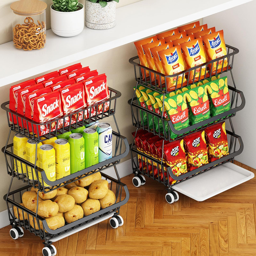 3-stufiger rollender Speisewagen mit Rädern, stapelbarer Drahtaufbewahrungs-Bodenorganizer für Küche