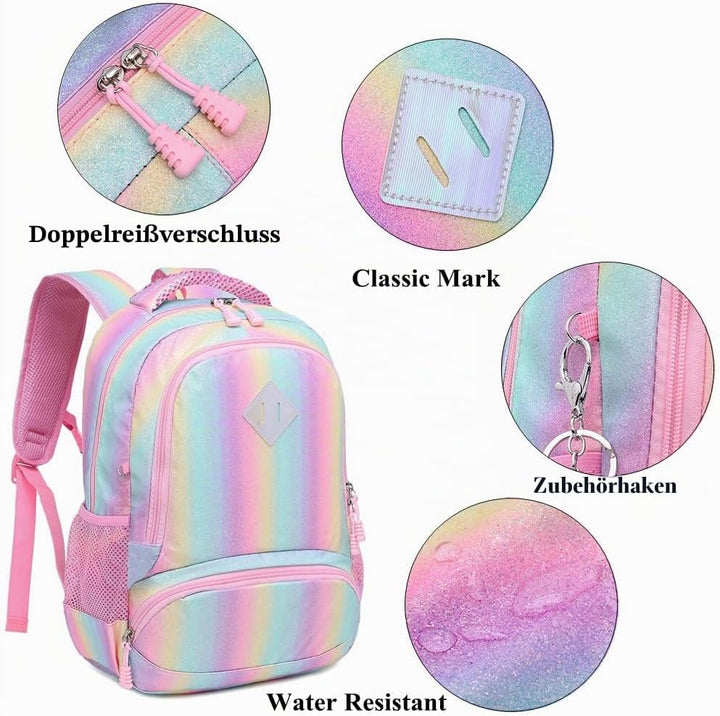 Schultaschen Mädchen Regenbogen Glitzer Rucksack Teenager Set Bunte Schulrucksack Damen Lässiger Tag