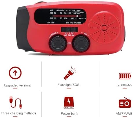 Garosa Notfall-Kurbelradio, 2000 MAh, Solar-Powerbank mit LED-Taschenlampe und NOAA-Wetterwarnung fü