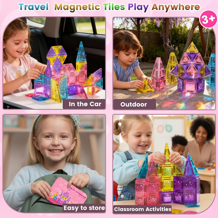 Tooysea Magnetische Bausteine, Tragbare Mini Magnetbausteine Fliesen mit Glitzer, Magnetbausteine fü