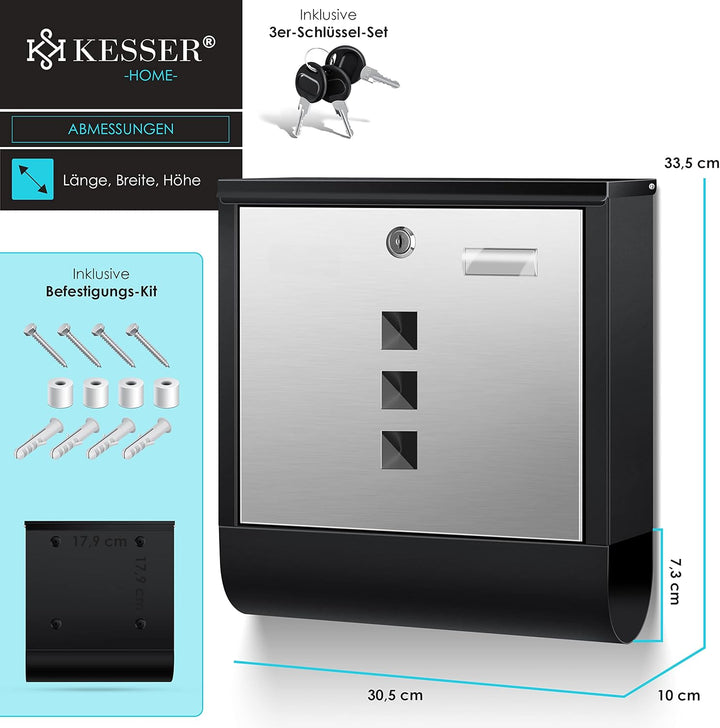 KESSER® Briefkasten Edelstahl mit Zeitungsfach Namensschild, Sichtfenster, gebürstet, 3X Schlüssel a