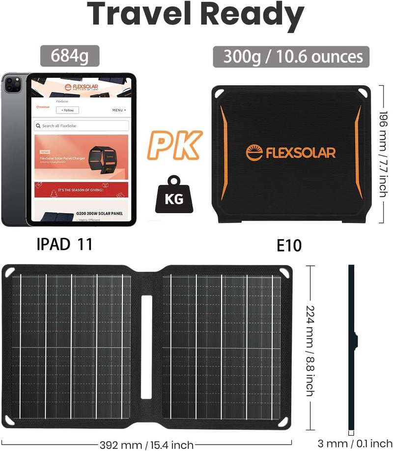 FlexSolar 10 W tragbares Solarpanel-Ladegerät,wasserdichtes IP67 faltbares Solarpanel mit USB-Anschl