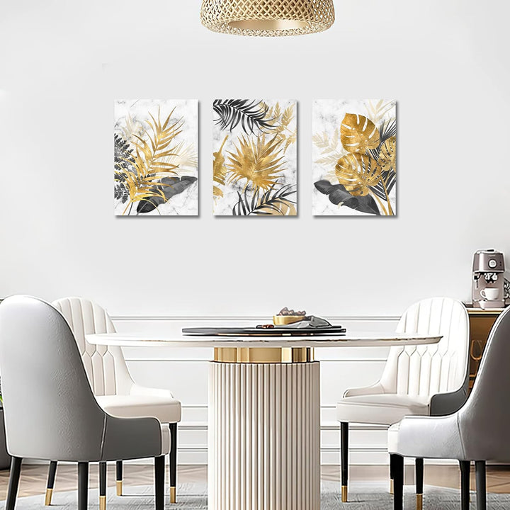 3 Teilig Leinwandbilder Bilder mit Rahmen Abstrakt Grau Gold Blätter bild auf leinwand Wandkunst Mod