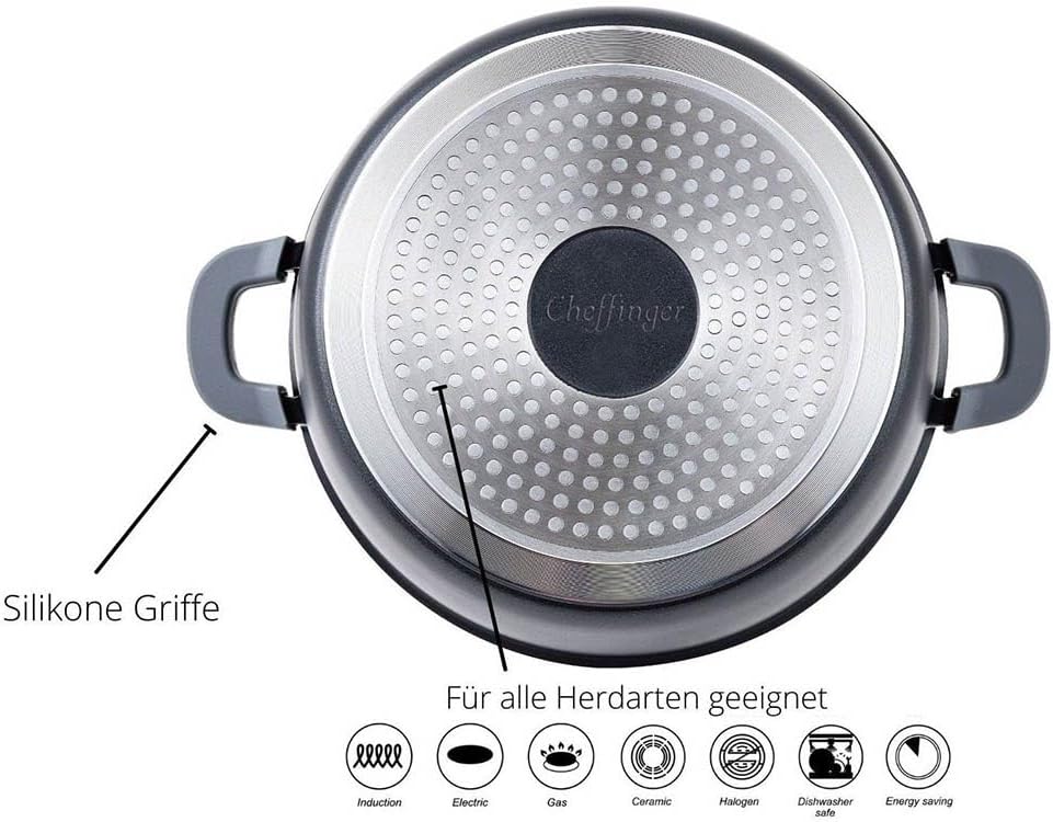 Cheffinger Kochtopf Aluguss Induktion Ø32cm Suppentopf Pfanne Topf Deckel Brattopf Schwarz, CF-DC32