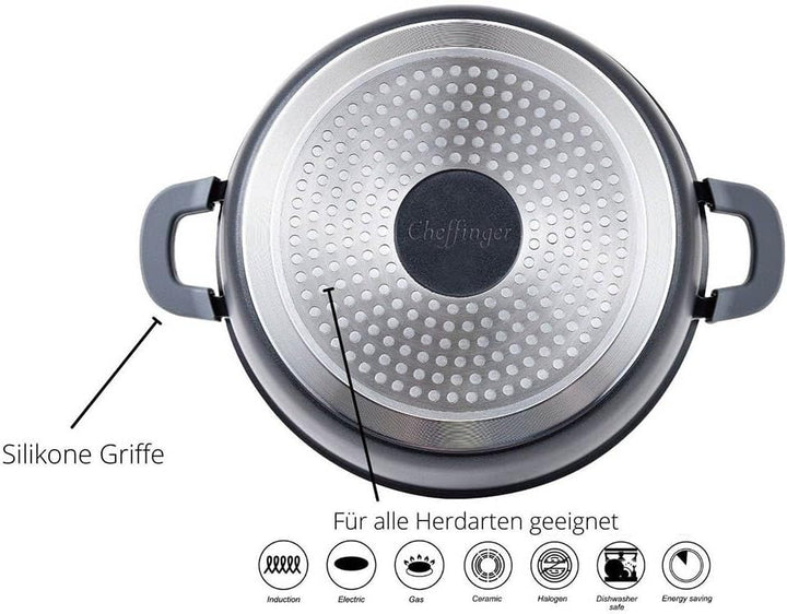 Cheffinger Kochtopf Aluguss Induktion Ø32cm Suppentopf Pfanne Topf Deckel Brattopf Schwarz, CF-DC32