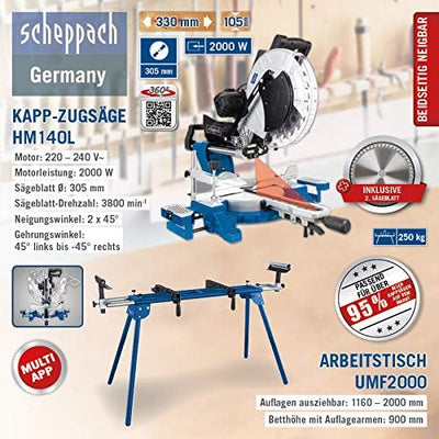 Scheppach HM140L | Kapp- und Gehrungssäge | Zugfunktion | inkl. Untergestell UMF2000 | 2000 Watt | 3