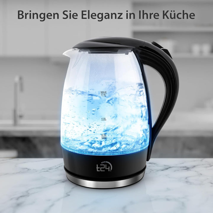 T24 Glas Wasserkocher 1,7L, 2200W, LED-Beleuchtung, 100% BPA-frei, Verdicktes Borosilikatglas, Trock