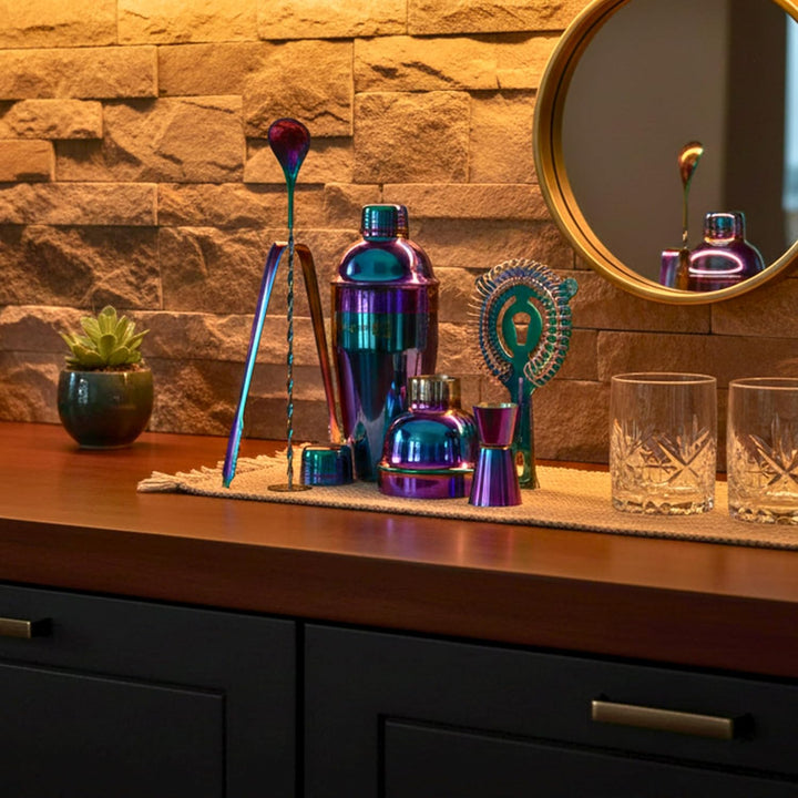 Homiu, Qualitatives Edelstahl Cocktail – Shaker Set (550ml) mit Rainbow Design, schillernder Edelsta