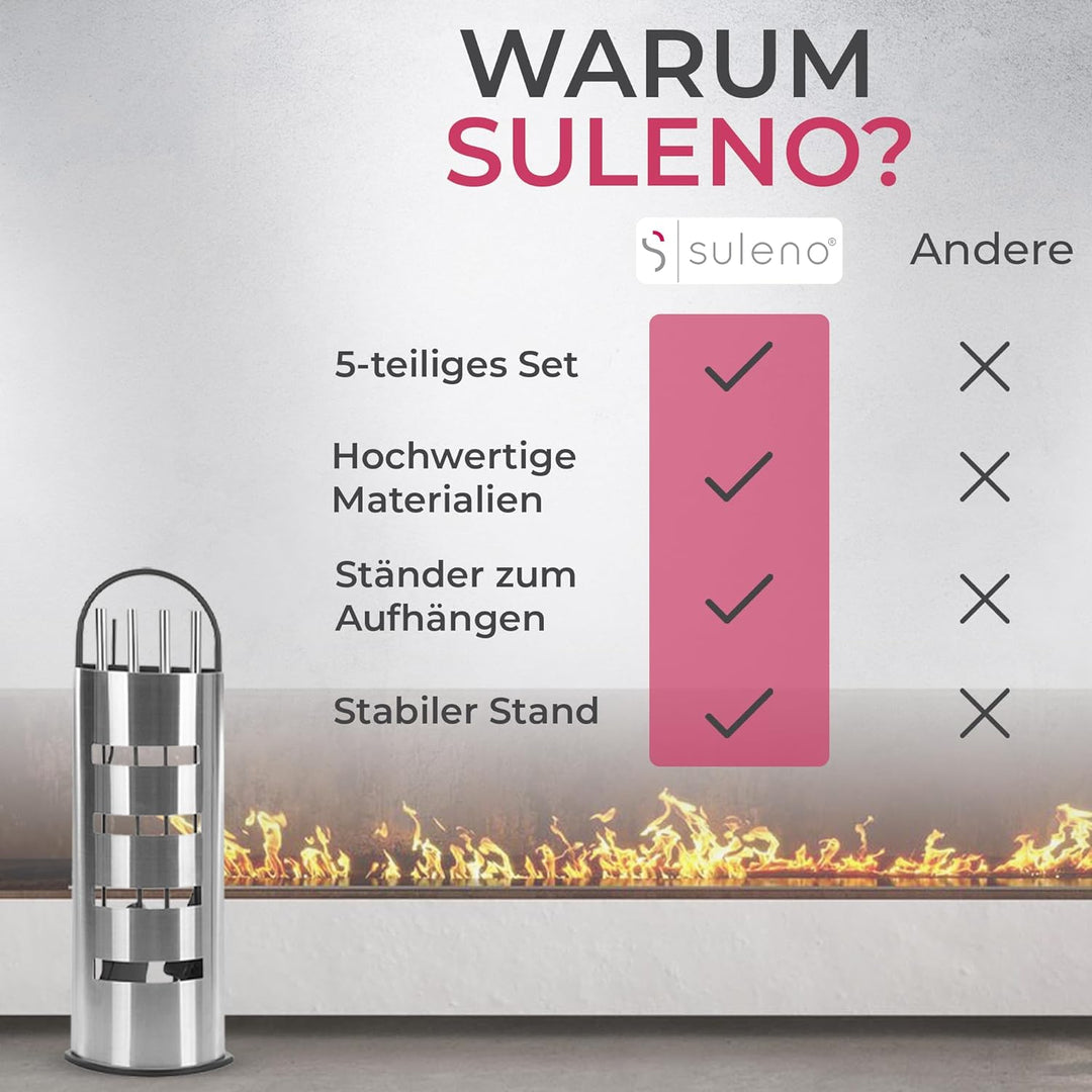 SULENO Kaminbesteck LONDON 5-teilig Kamingarnitur mit Ascheschaufel Besen Schürhaken, Kaminset & Hal