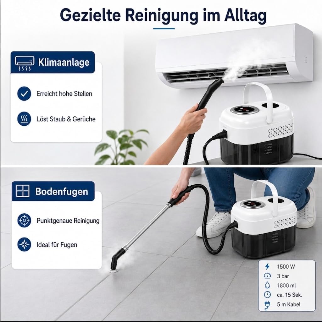 1500W Dampfreiniger Handgerät, 1.8L Wassertank, 15s Heizung, 3 Bar