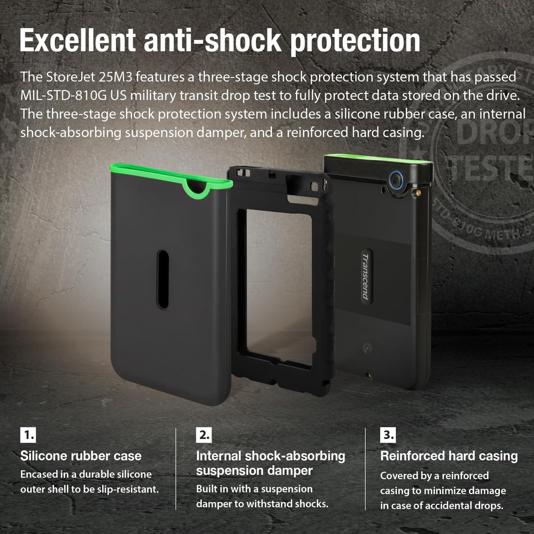 Transcend 2TB USB 3.1 Gen 1 StoreJet 25M3S Rugged External Hard Drive TS2TSJ25M3S grau - grün 2TB Si