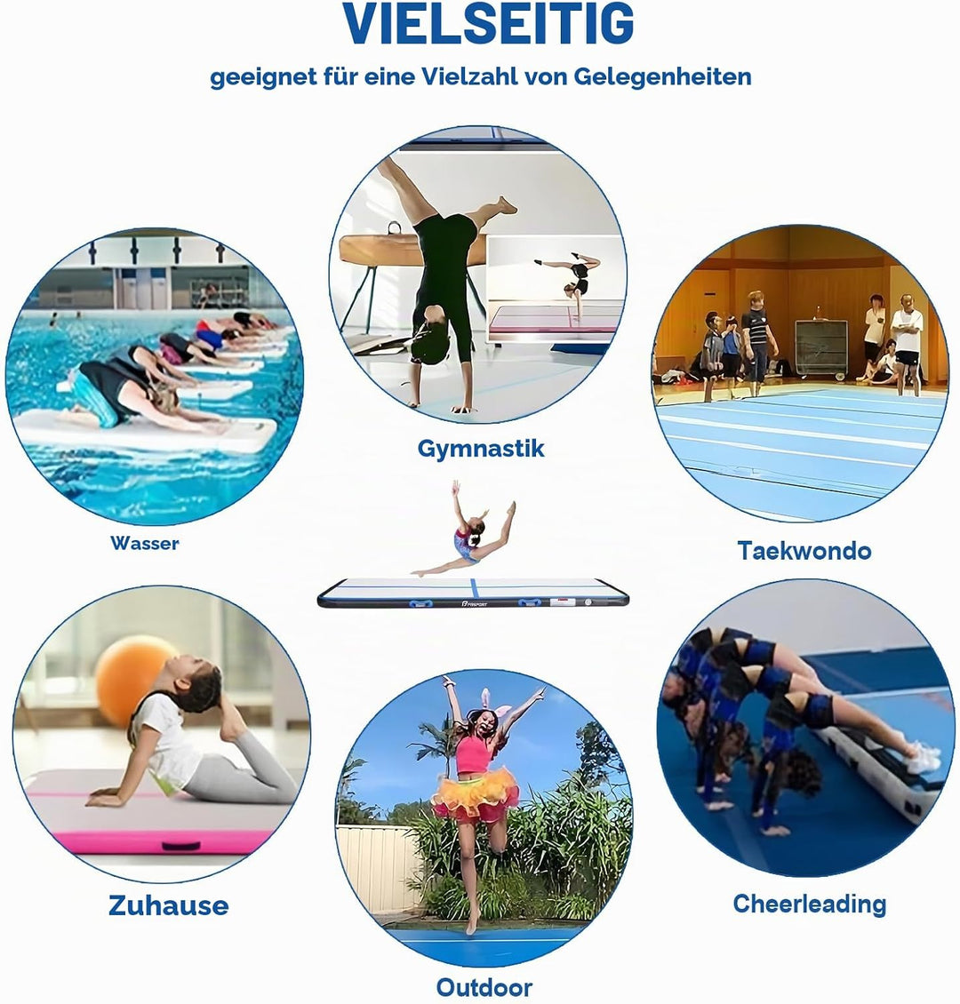 FBSPORT 10/20 cm Höhe, Trainingsmatte, Länge 1/2/3/4/5/6 m, Gymnastikmatte mit Pumpe für den Hausgeb