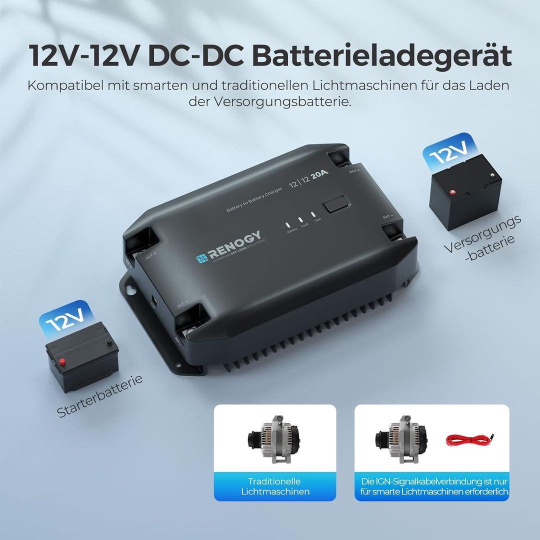 Renogy 20A DCDC Batterieladegerät, 12V Solarenergie Ladegerät, AGM, Flooded, Gel, and Lithium Batter