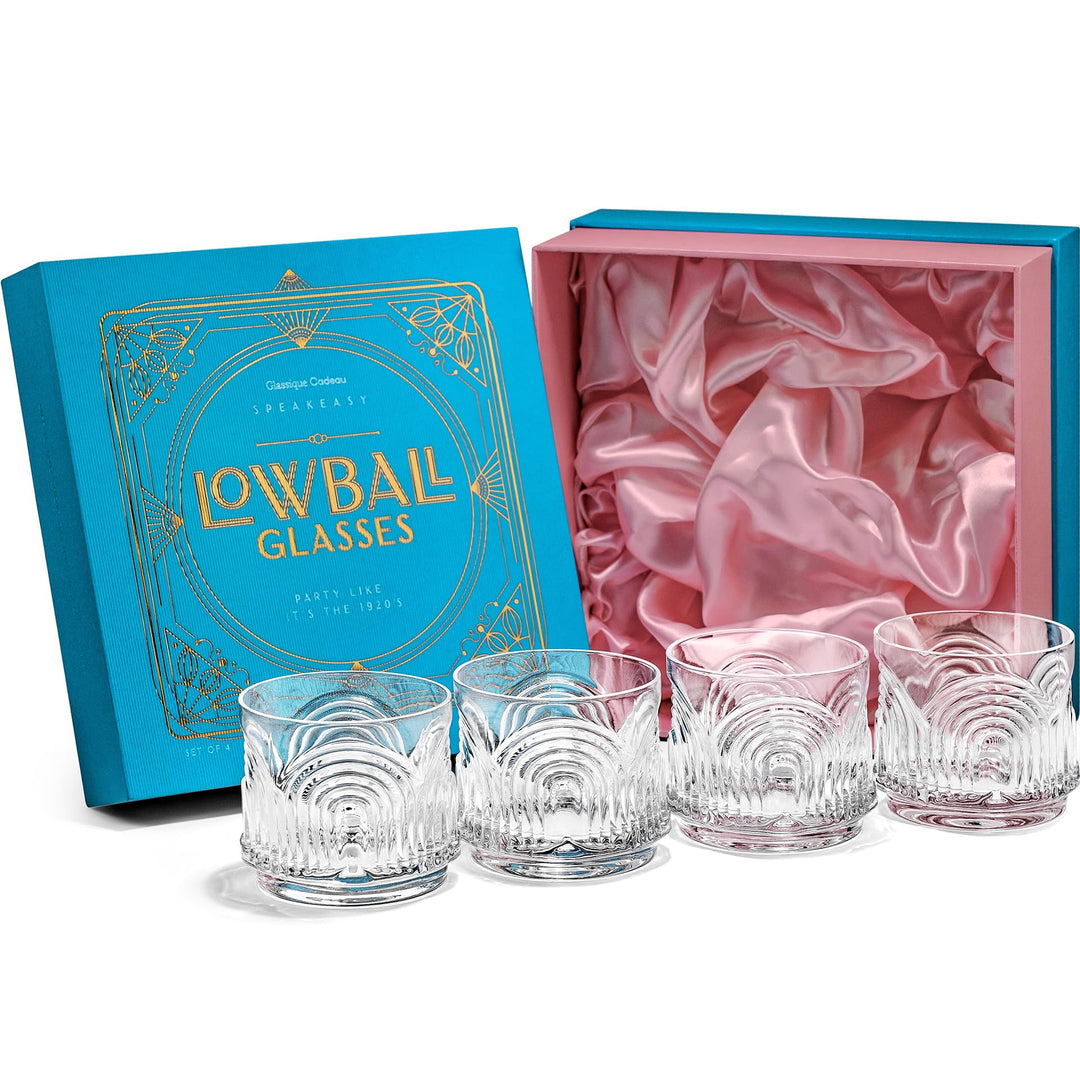 GLASSIQUE CADEAU Vintage Art Deco 1920er Gin, Rum, Whiskey Kurze Cocktailgläser mit Relief | 4er Ges