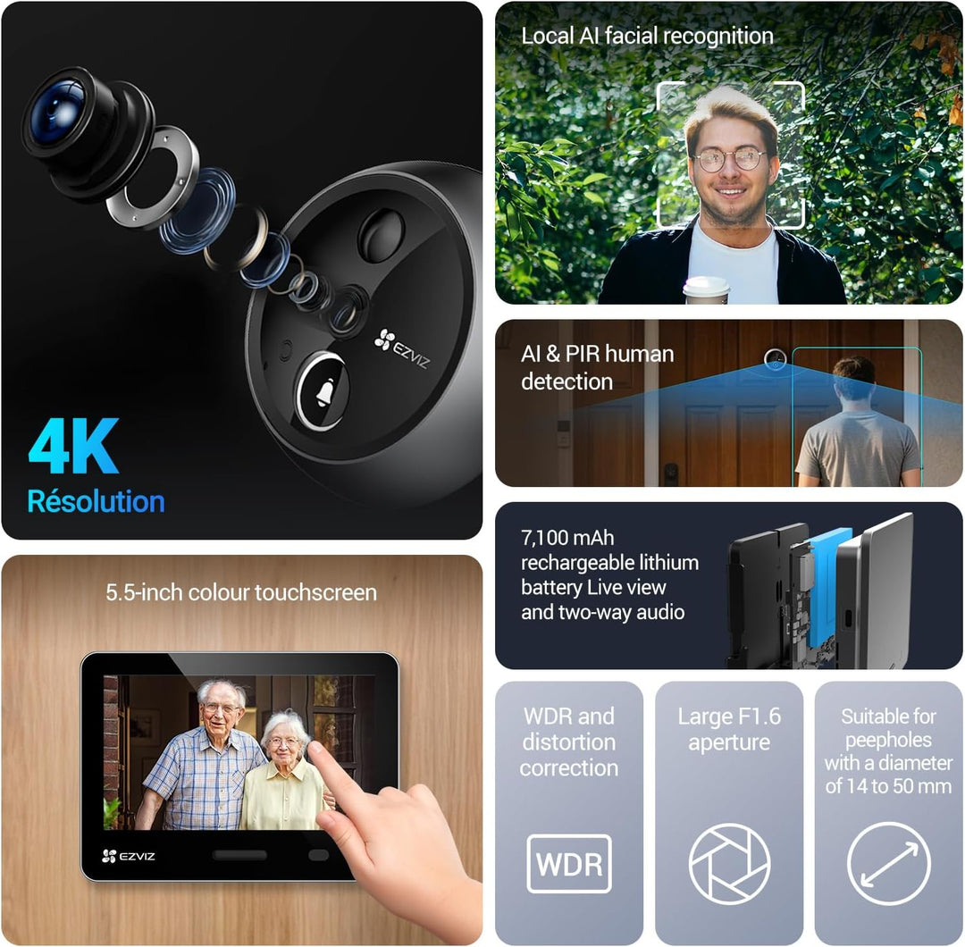 EZVIZ 4K AI Smart Gucklochkamera Kabelloser Türspion, Gesichtserkennung Menschenerkennung, 155° Weit