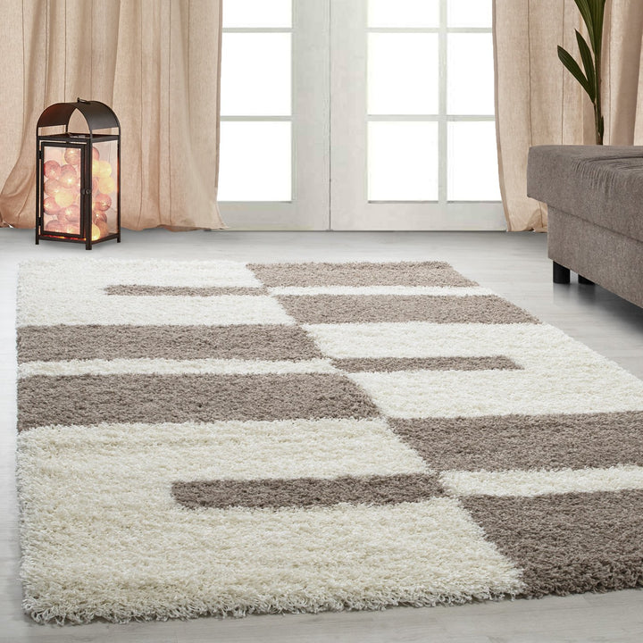 Carpetsale24 Teppich Wohnzimmer Moderne Kariert Design Shaggy Flokati 120 x 170 cm Beige-Creme - Hoc