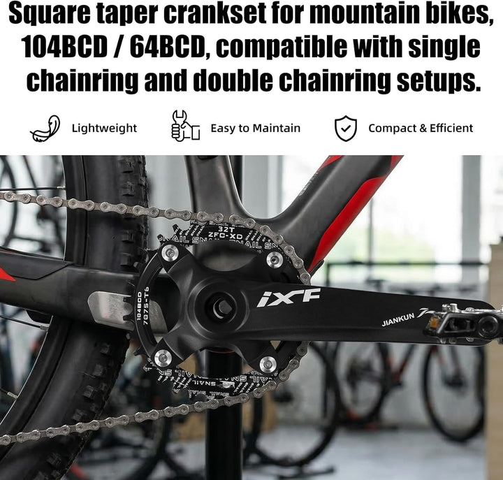 Mountainbike 170 mm Vierkant-Kurbelgarnitur mit 104 BCD 32/34/36/38T Kettenblatt, MTB-Kurbel aus Alu