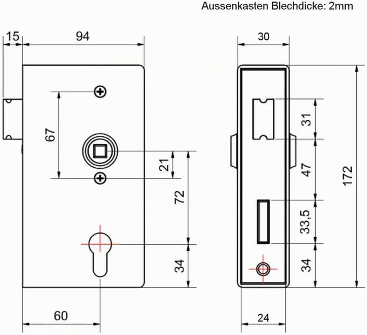 UHRIG Schlosskasten 30mm Kastenschloss kmpl. mit Schloss zum einschweissen für z.B. Gartentür Tor