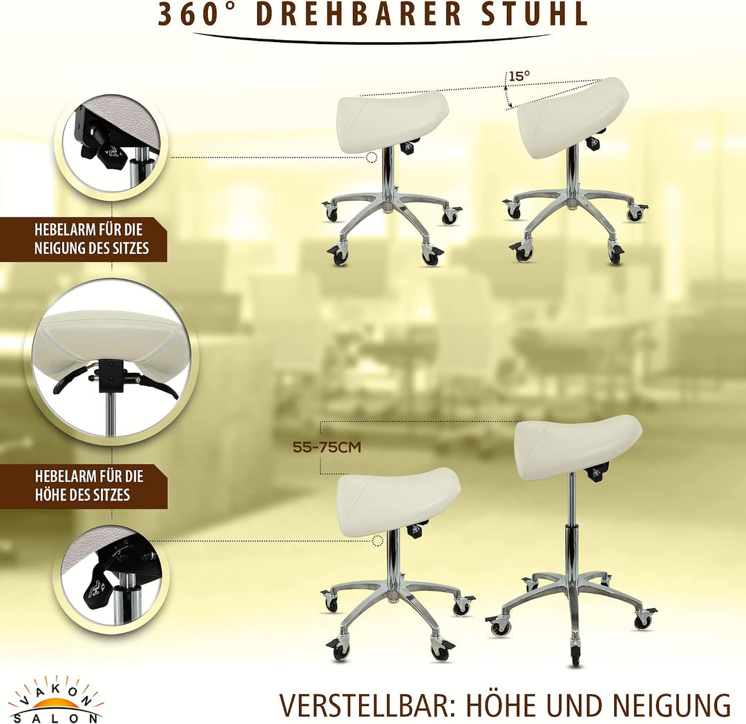 Sattelhocker mit Neigung Weiss, Sattelstuhl, Rollhocker höhenverstellbar von 55-75 cm, Drehhocker, P