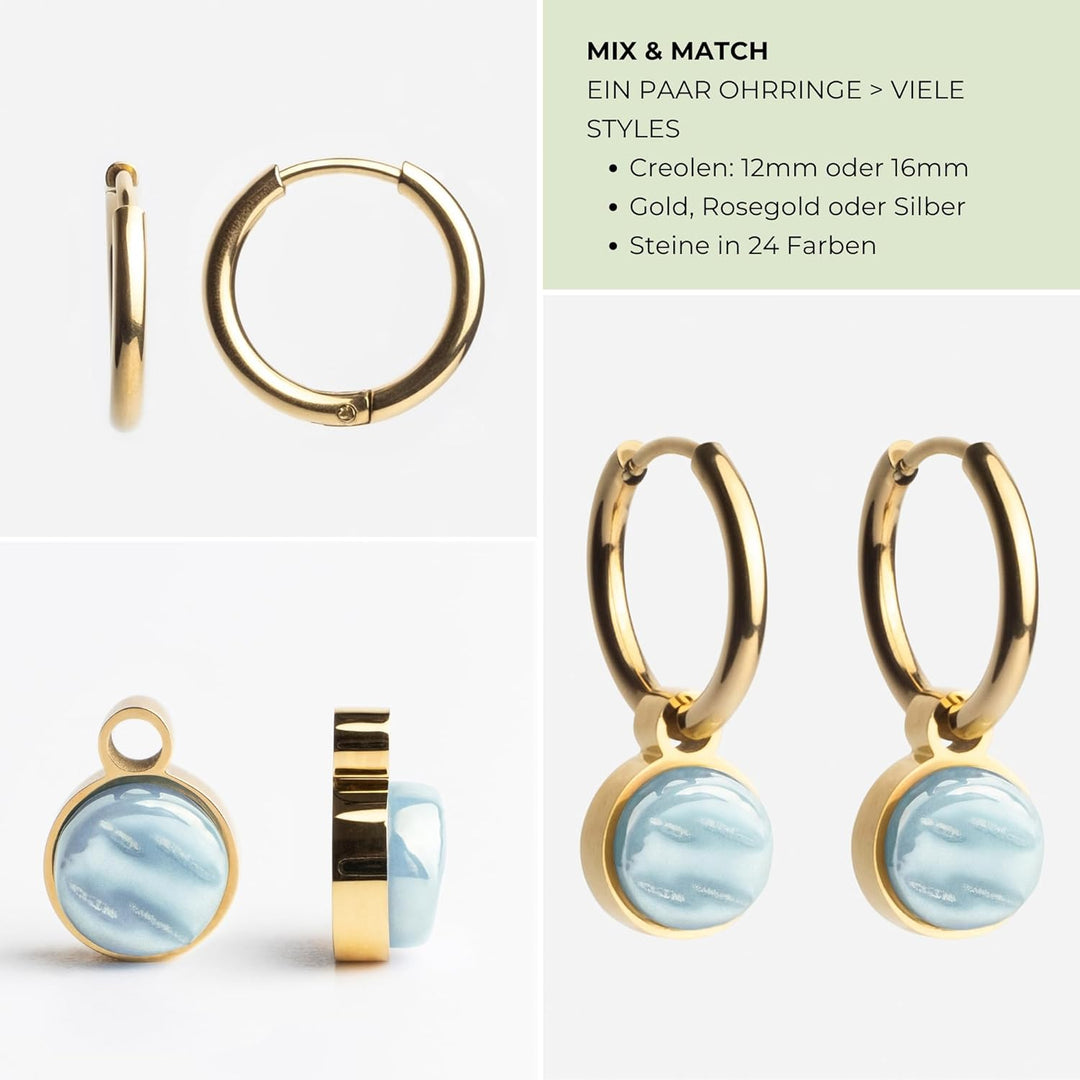Gold Ohrringe Creolen mit Anhänger zum Wechseln • Edelstahl Ohrhänger mit Charm in himmelblau • nick