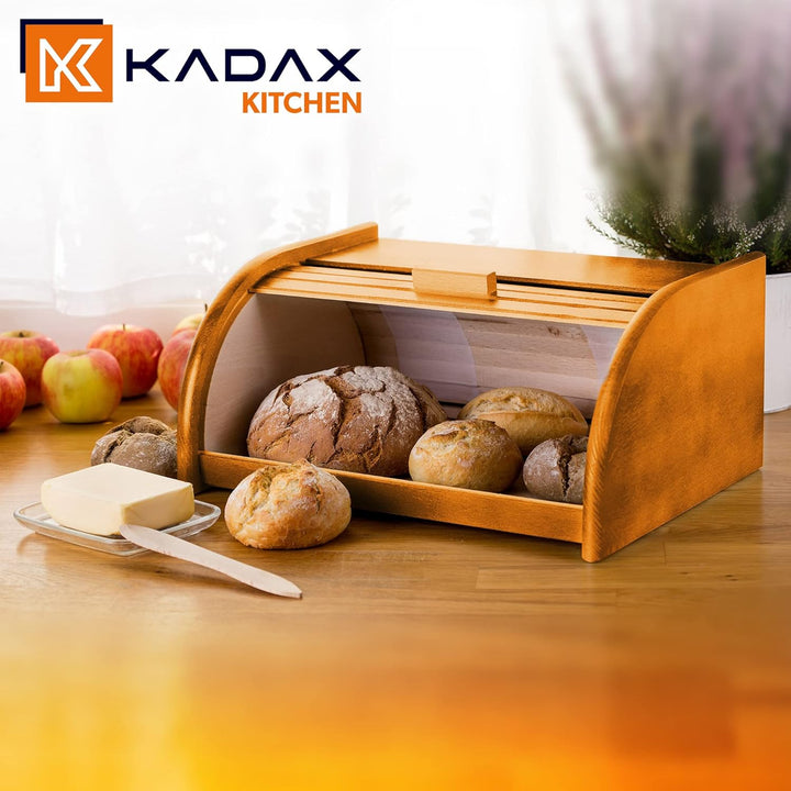 KADAX geräumiger Brotkasten aus hochqualitativem Holz, Brotbehälter mit Rolldeckel für längere frisc