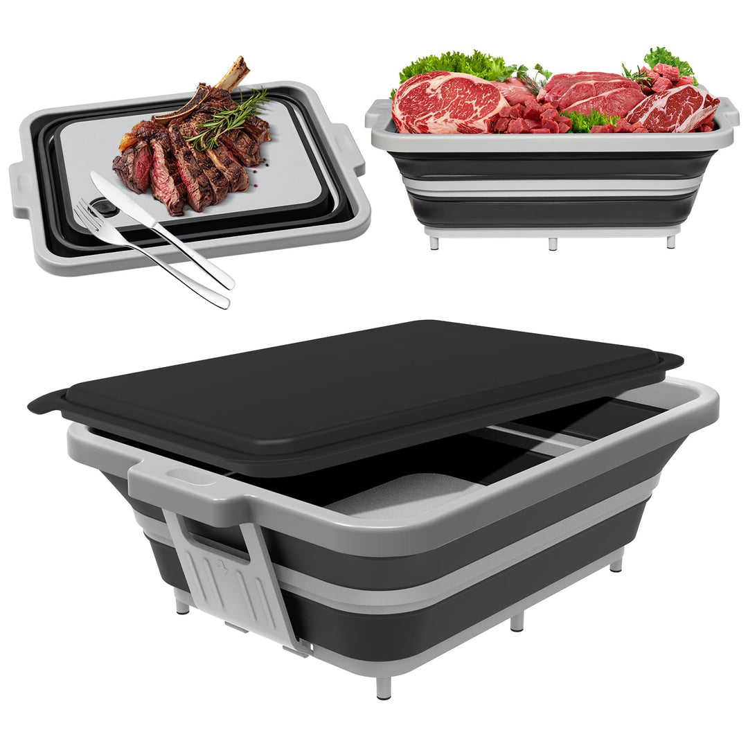 Zusammenklappbare Grillwanne mit Deckel (8L) – Falbbares Camping-Spülbecken mit Siebeinsatz | 4-in-1