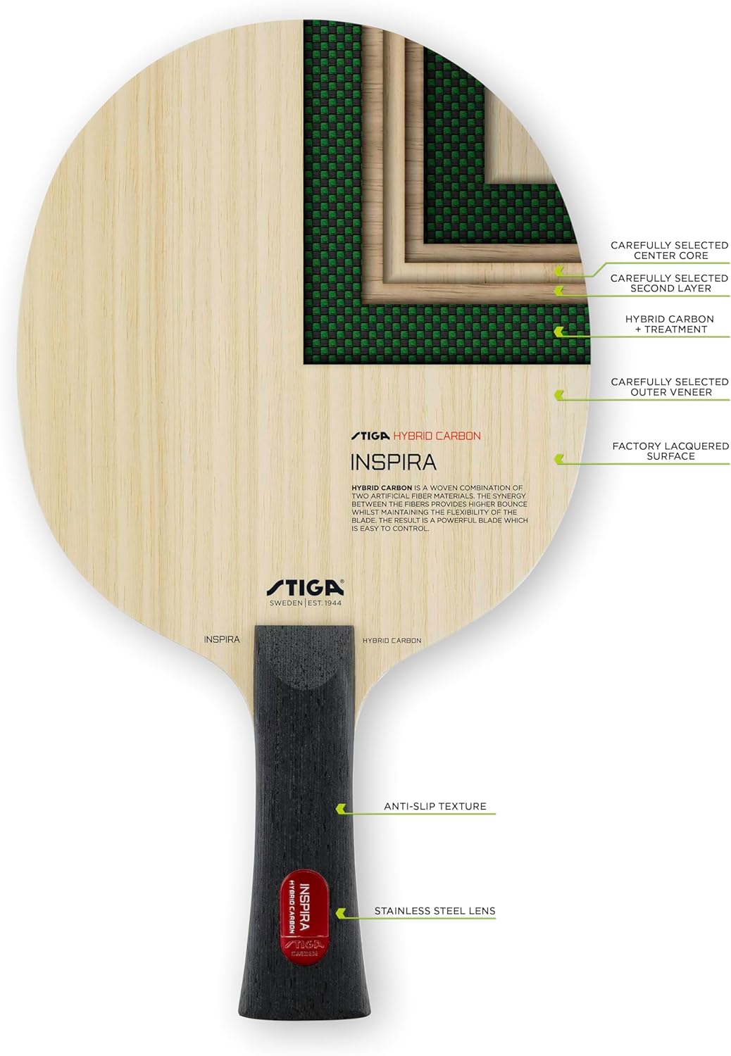 Stiga Tischtennisholz Inspira Hybrid Carbon für perfekten Spin und Starke Angriffe Konkav, Konkav