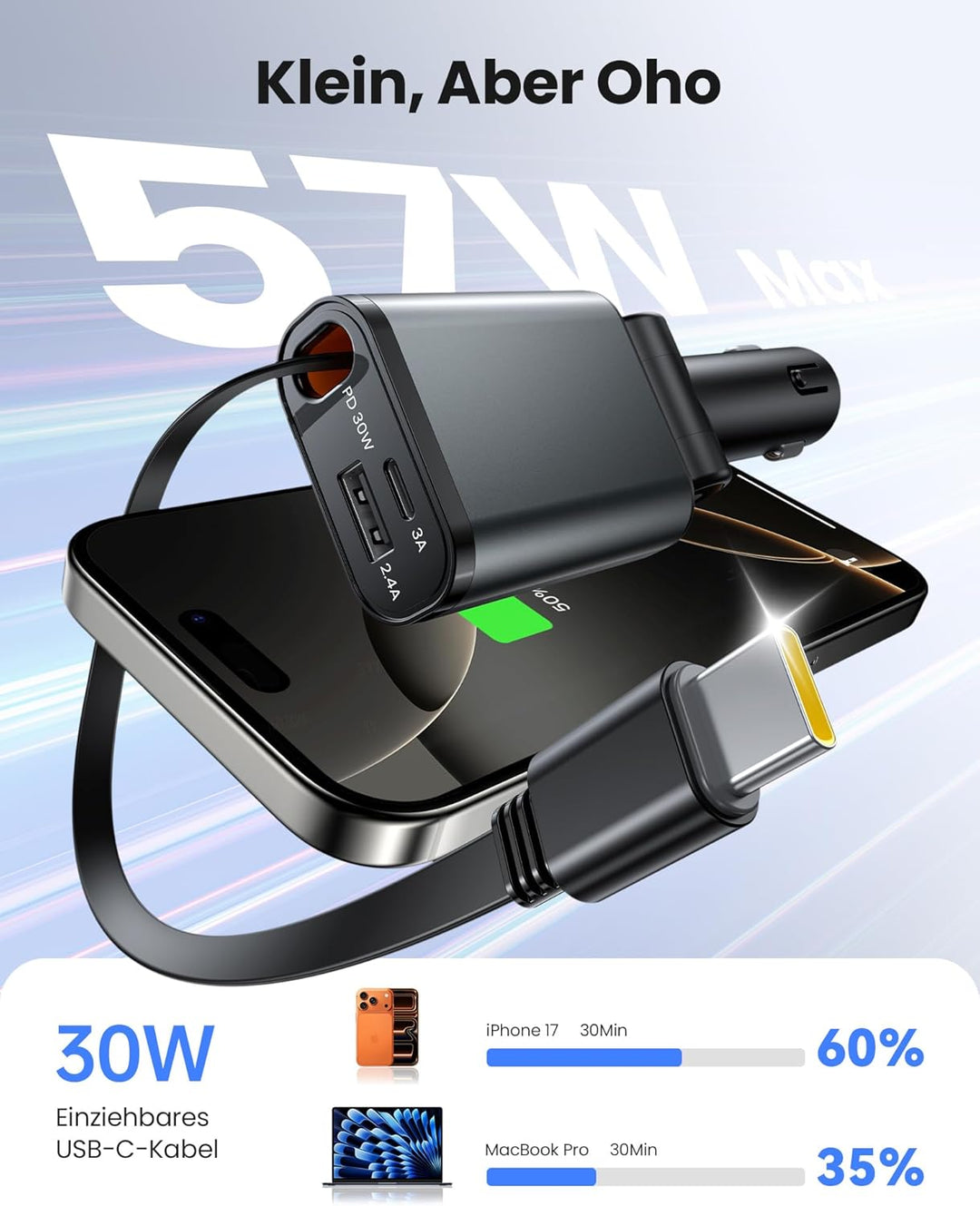 Zigarettenanzünder USB C, Super Kompakt Auto Ladegerät 57W Ladekabel Auto, 3 in 1 USB Kfz Ladegerät