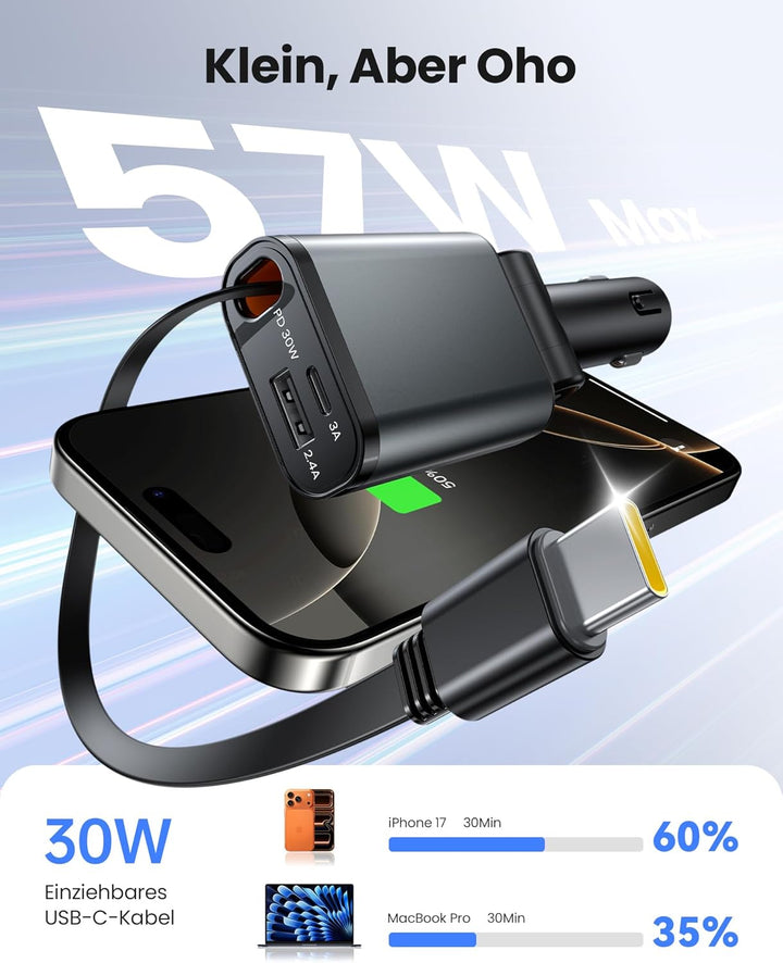 Zigarettenanzünder USB C, Super Kompakt Auto Ladegerät 57W Ladekabel Auto, 3 in 1 USB Kfz Ladegerät