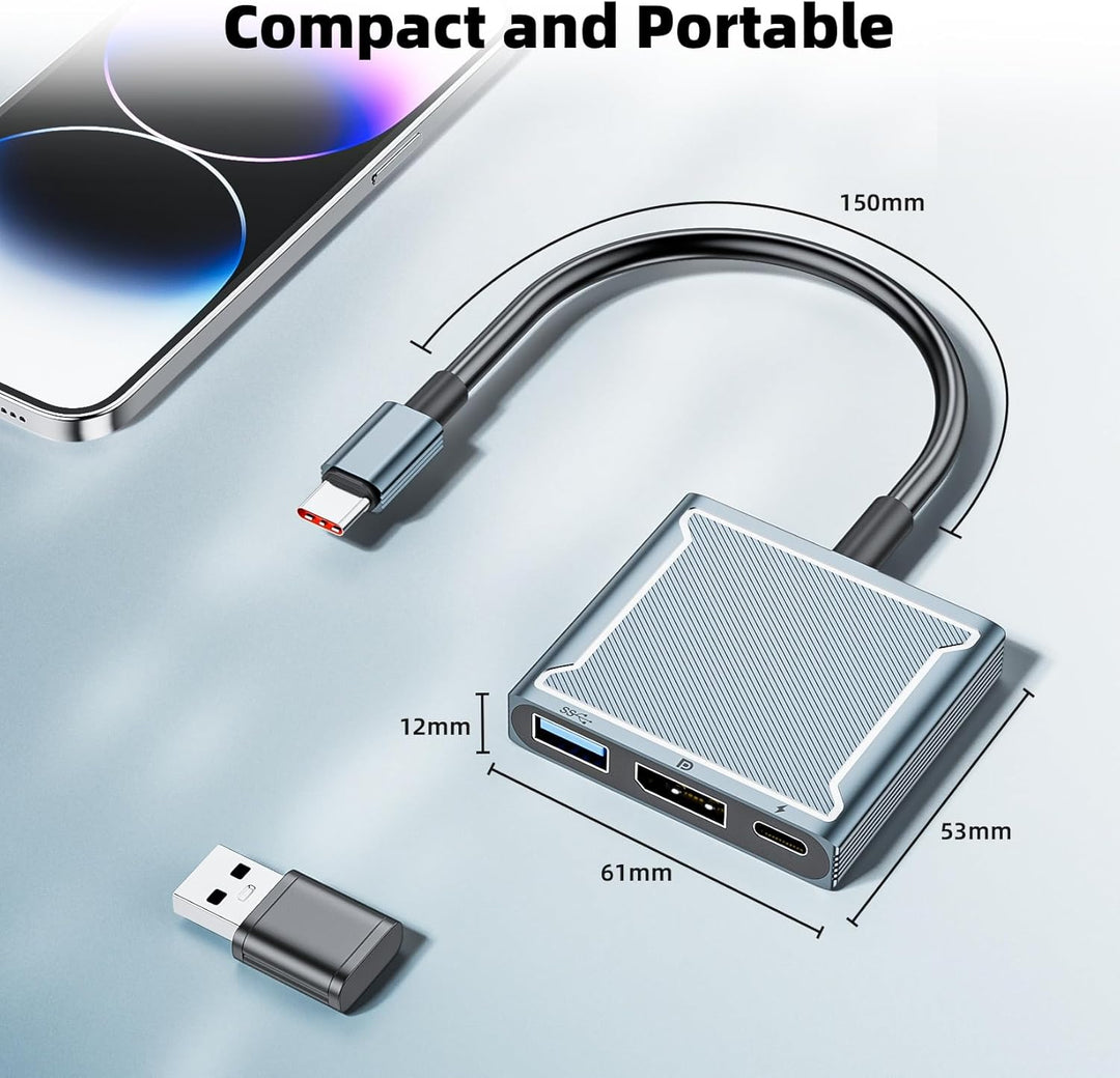 BolAAzuL 3-in-1 USB-C auf DisplayPort Multiport-Adapter, 1 DP 1.4 + 1 USB 2.0 + 1 PD, 8K 60 Hz/100 W