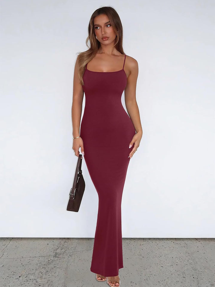REORIA Damen Sexy Lounge Slip Langes Kleid Elegantes Hochzeitsgast ärmelloses rückenfreies Geripptes