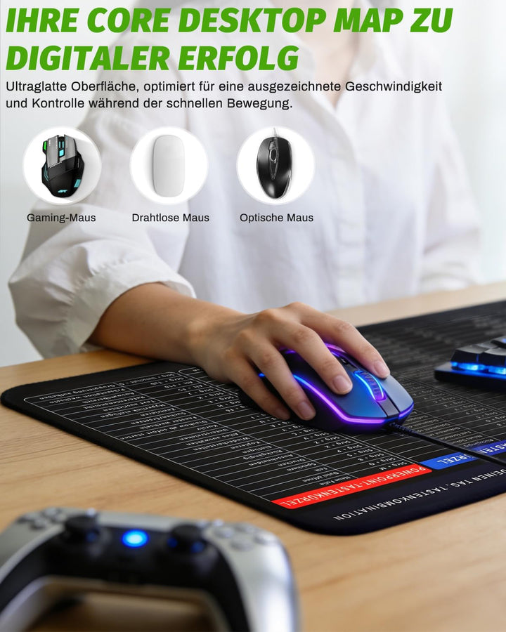 Excel Mauspad Deutsch Gross 800x300mm | Harte & Dicke Oberfläche, Starke Haftung | Glatte Gaming Mou