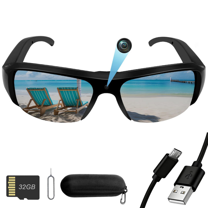Action Cam, 32GB Sportbrille mit Kamera, Mini Actionkamera 1080P HD, Kleine Videokamera Sonnenbrille