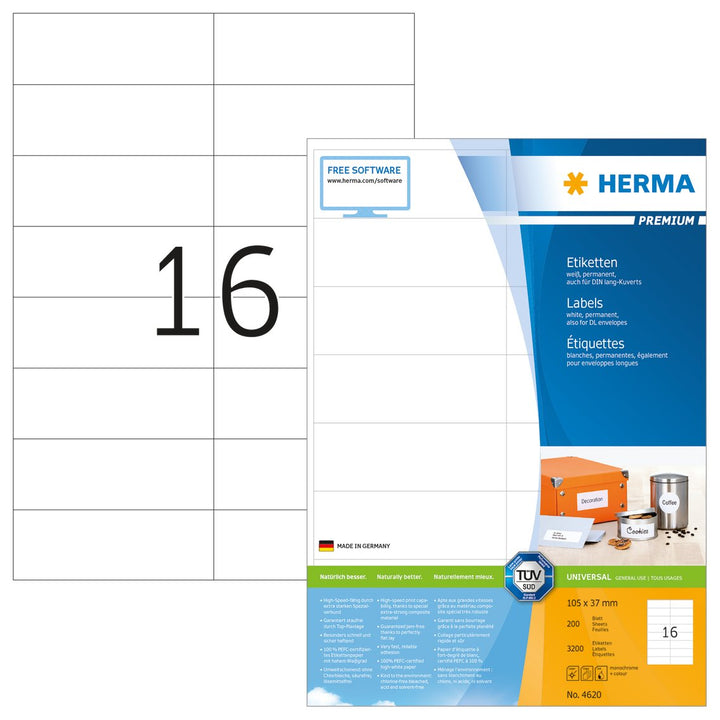 HERMA 4620 Adressetiketten, 200 Blatt, 105 x 37 mm, 16 Stück pro A4 Bogen, 3200 Aufkleber, selbstkle