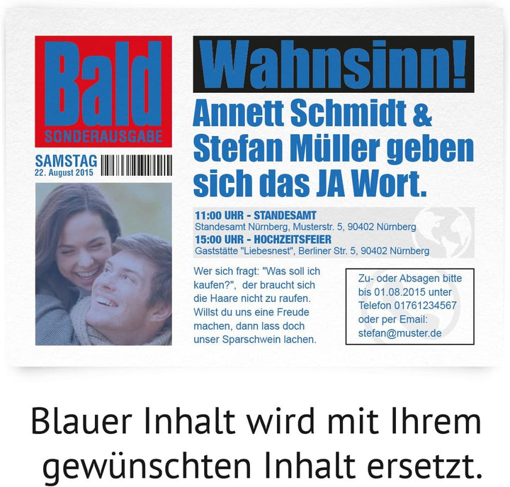 Einladungskarten zur Hochzeit (10 Stück) als Zeitung Presse Meldung Magazin News Journal, 10