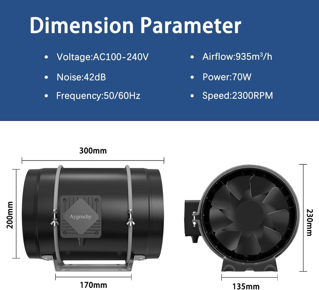 Aygrochy 200mm Regelbar Rohrventilator 70W, EC Motor Abluftventilator für Heizung, Kühlung, Booster,