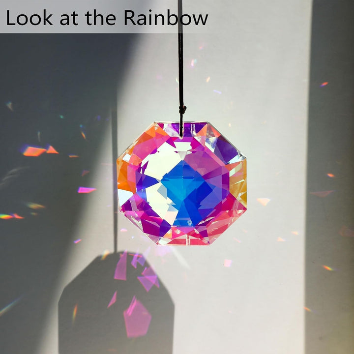 HDCRYSTALGIFTS 80mm Regenbogenprisma Sonnenfänger für das Fenster AB farbige grosse Kristalloktagonp