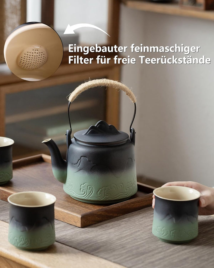 ZENS Japanische Teekanne Keramik Mit 4 Tassen, Teeservice für Losen Tee | Matte Geprägtem Teekanne J