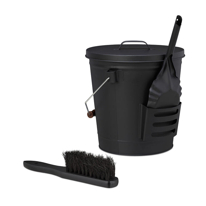 Relaxdays Ascheeimer mit Deckel und Kehrset, 19 L, inkl. Aschebesen &amp; Kaminschaufel, Aschebehälter m