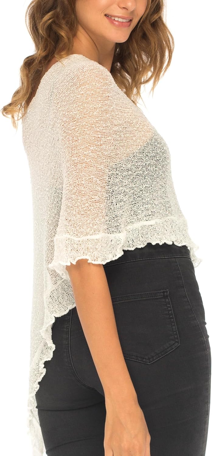 SHU-SHI - Damen Poncho-Top mit Rüschen - transparent - leichtes Strickmaterial Altweiss, Altweiss