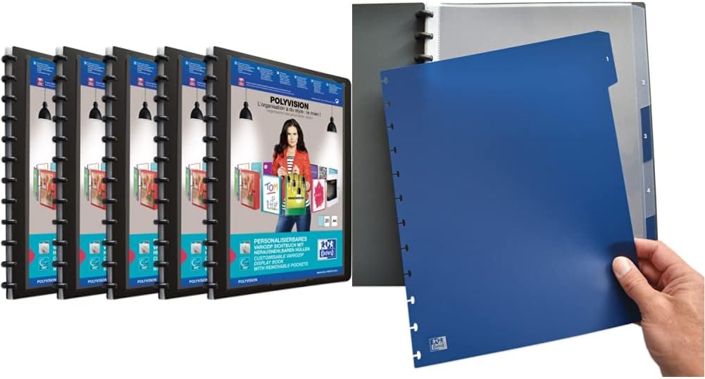Oxford polyvision Ringmappe A4, mit vario-zipp, 20 Hüllen, schwarz, 5er Pack & Oxford manageMe Ringm