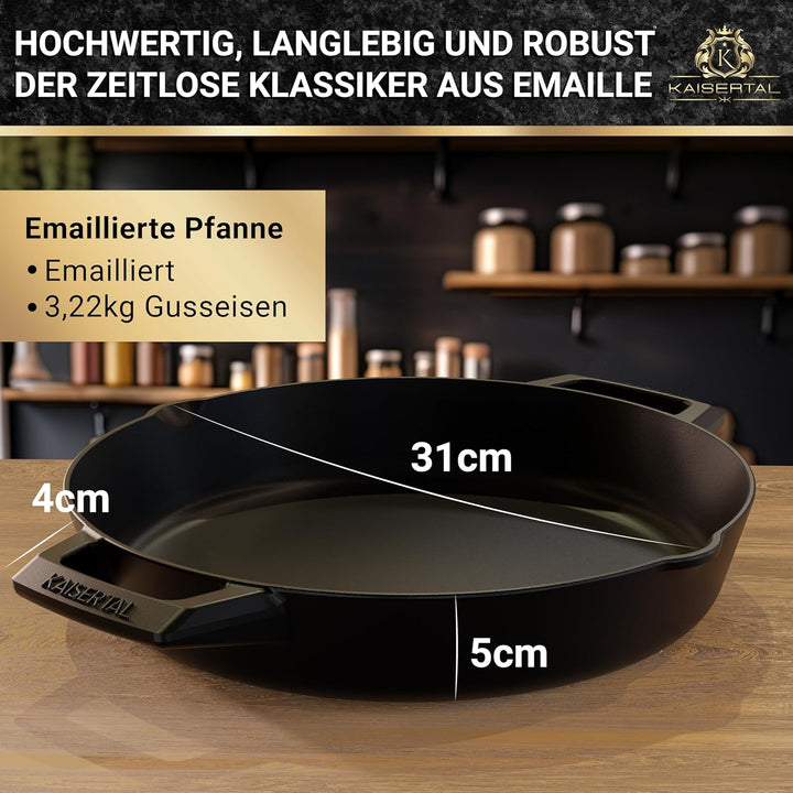 KAISERTAL Gusseisen Bratpfanne matt schwarz emailliert - Antihafteffekt - 2,7L, Schwarz - Perfekt fü