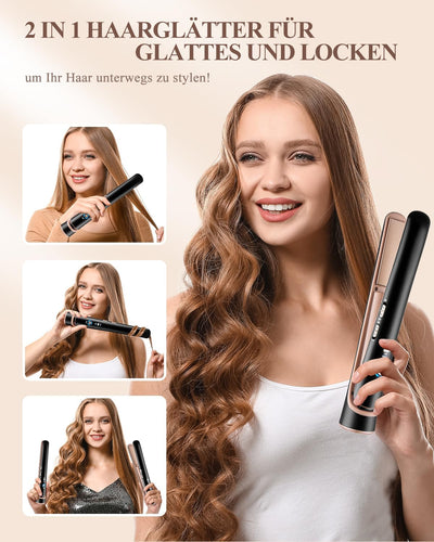 CkeyiN Kabellos Glätteisen,Akku-Haarglätter,2 in 1 Haarglätter und Lockenwickler,Klein,Keramik,USB f