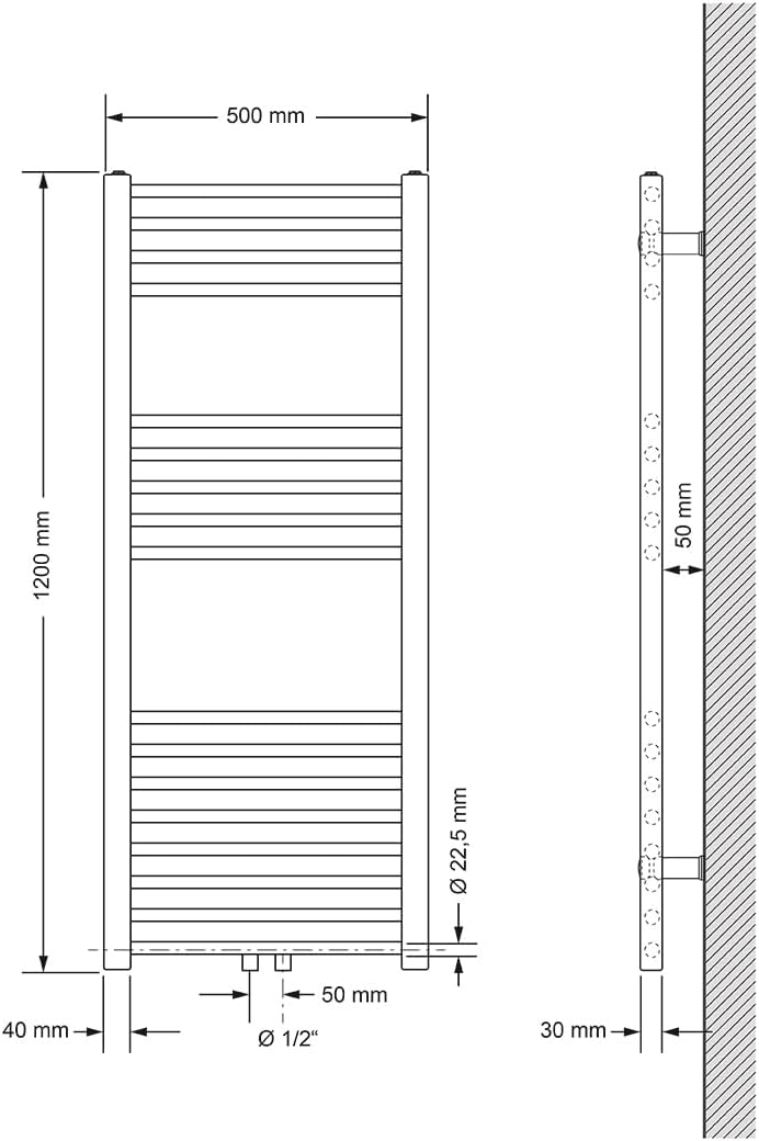 ECD Germany Badheizkörper Mittelanschluss 500 x 1200 mm Weiss gerade mit Thermostat und Anschlussgar