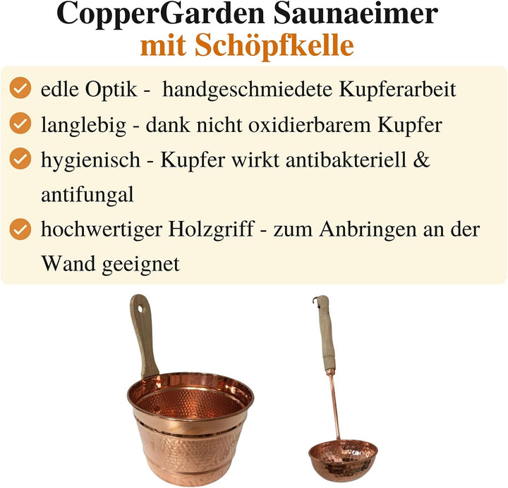 CopperGarden Saunaeimer aus blankem Kupfer mit Schöpfkelle I Schwalleimer mit Wandhalterung aus Holz