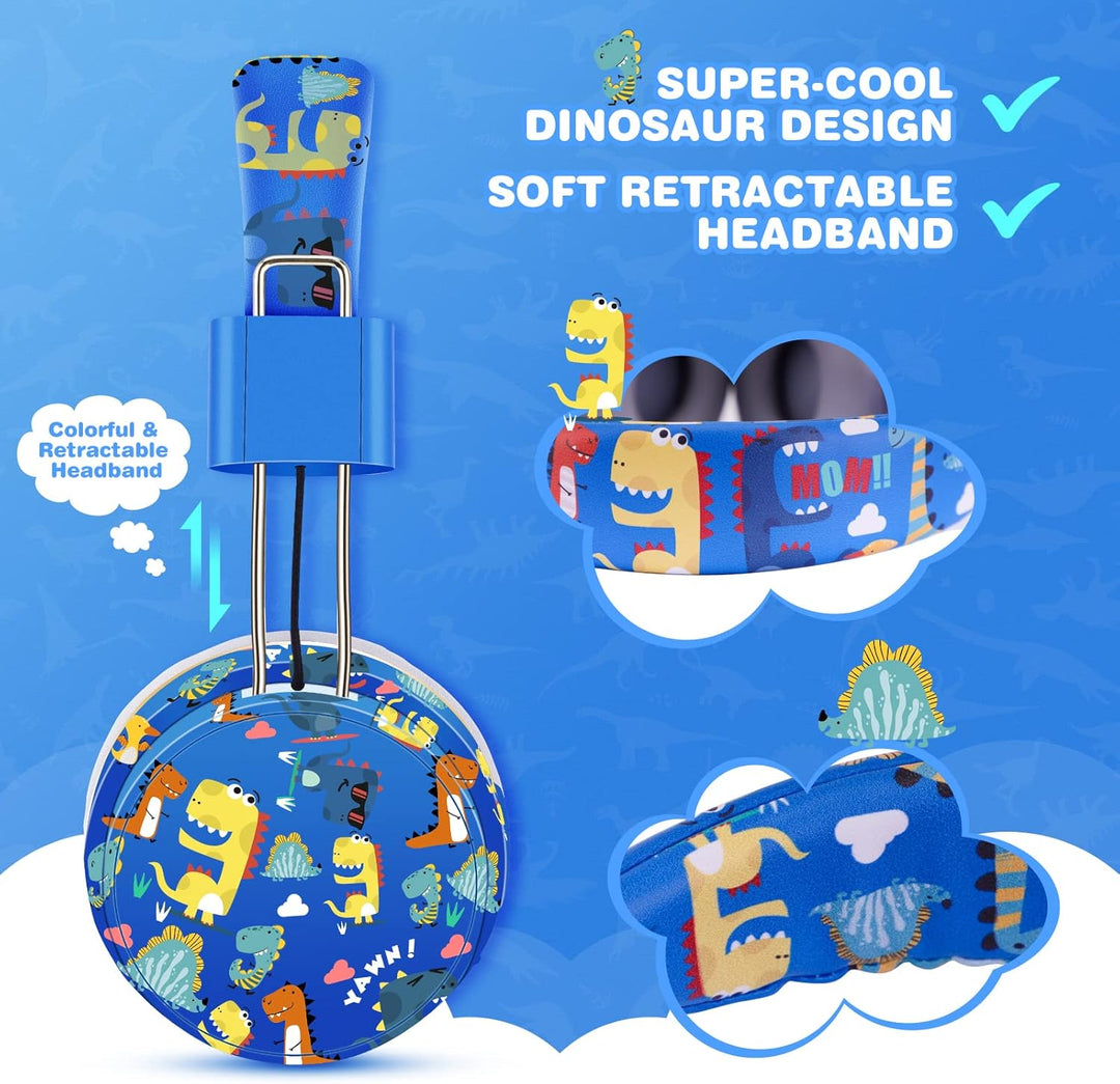 JYPS Bluetooth Kopfhörer Kinder, Dinosaurier Kopfhörer Kabellos Kinder mit Kabel und Mikrofon, Kids
