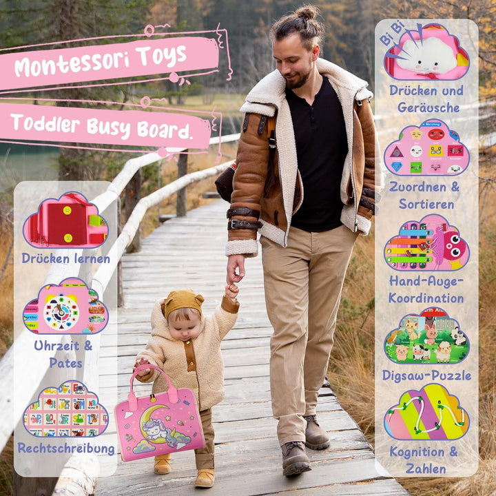 TenFans Montessori Spielzeug ab 3 Jahr – Einhorn Busy Board für Feinmotorik & Sensorik – Reisespielz
